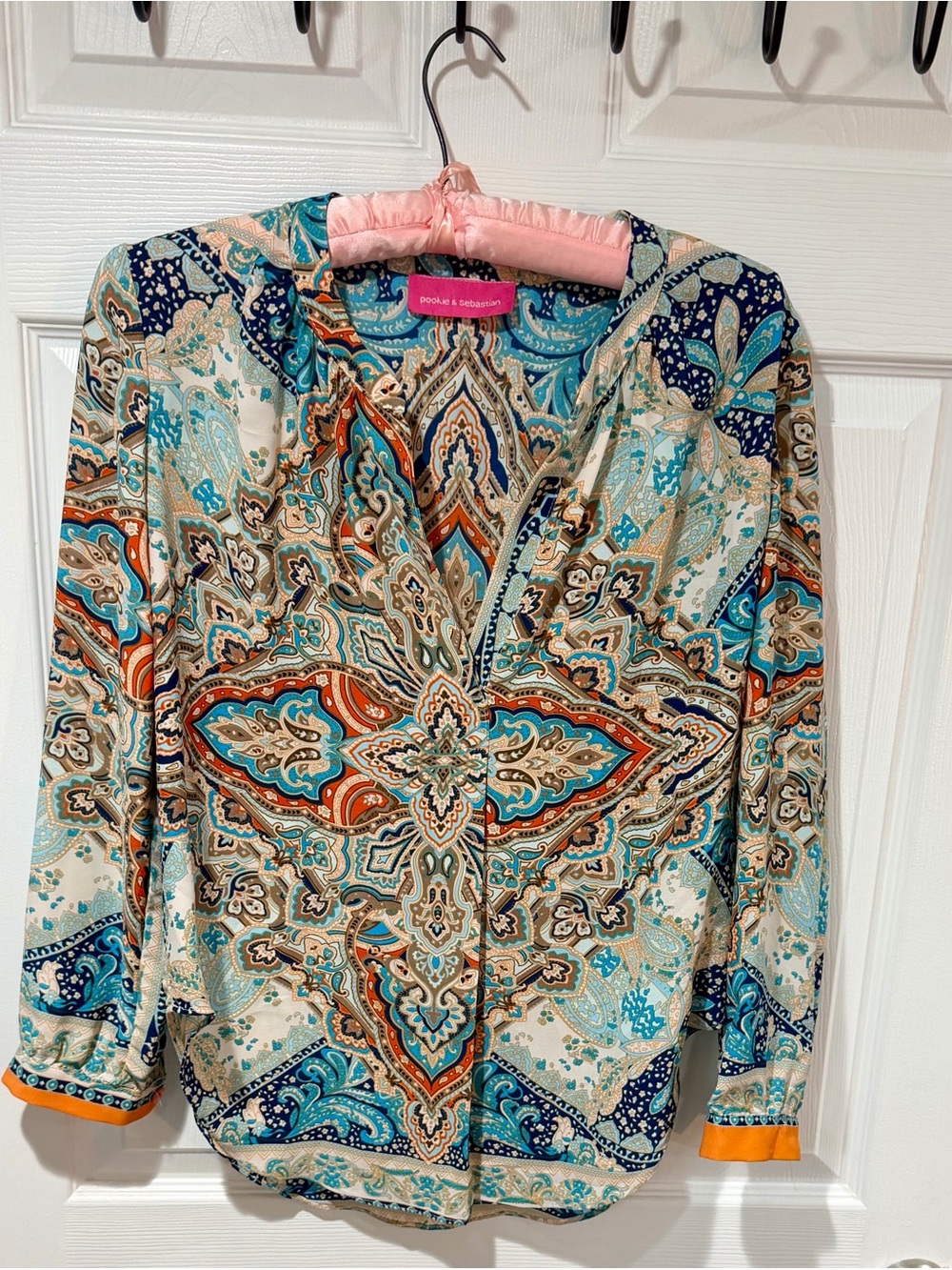 Pookie & Sebastian Teal & Orange Paisley V-Neck Blouse